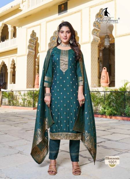 Ladies Flavour Blossom Chanderi Jaquard Readymade Suits Catalog